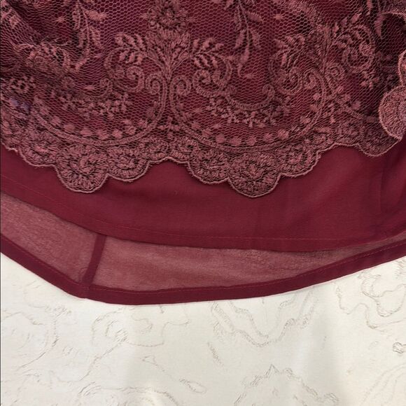 RAMONA LA RUE burgundy lace over chiffon off shoulder boho party dress S - Picture 9 of 9